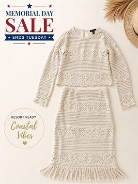 Bloomingdale’s AQUA 2 Piece Set Crochet Lace Top & Skirt Cream Outfit S/M